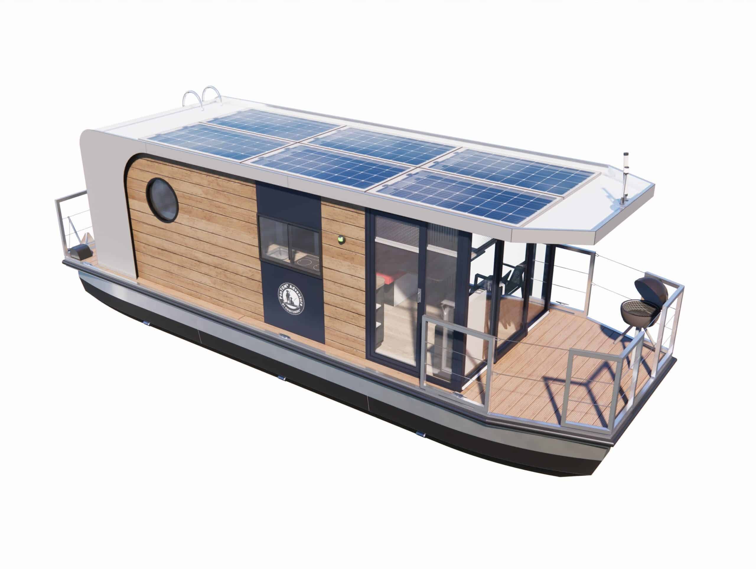 Isometrische Ansicht des PonTOM® Empor TinyHouse 9×3 m – modernes Solarboot-Hausboot mit großem Solardach,