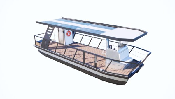 Gesamtansicht des 9 m langen PonTOM® Fahrgastboots mit Solardach