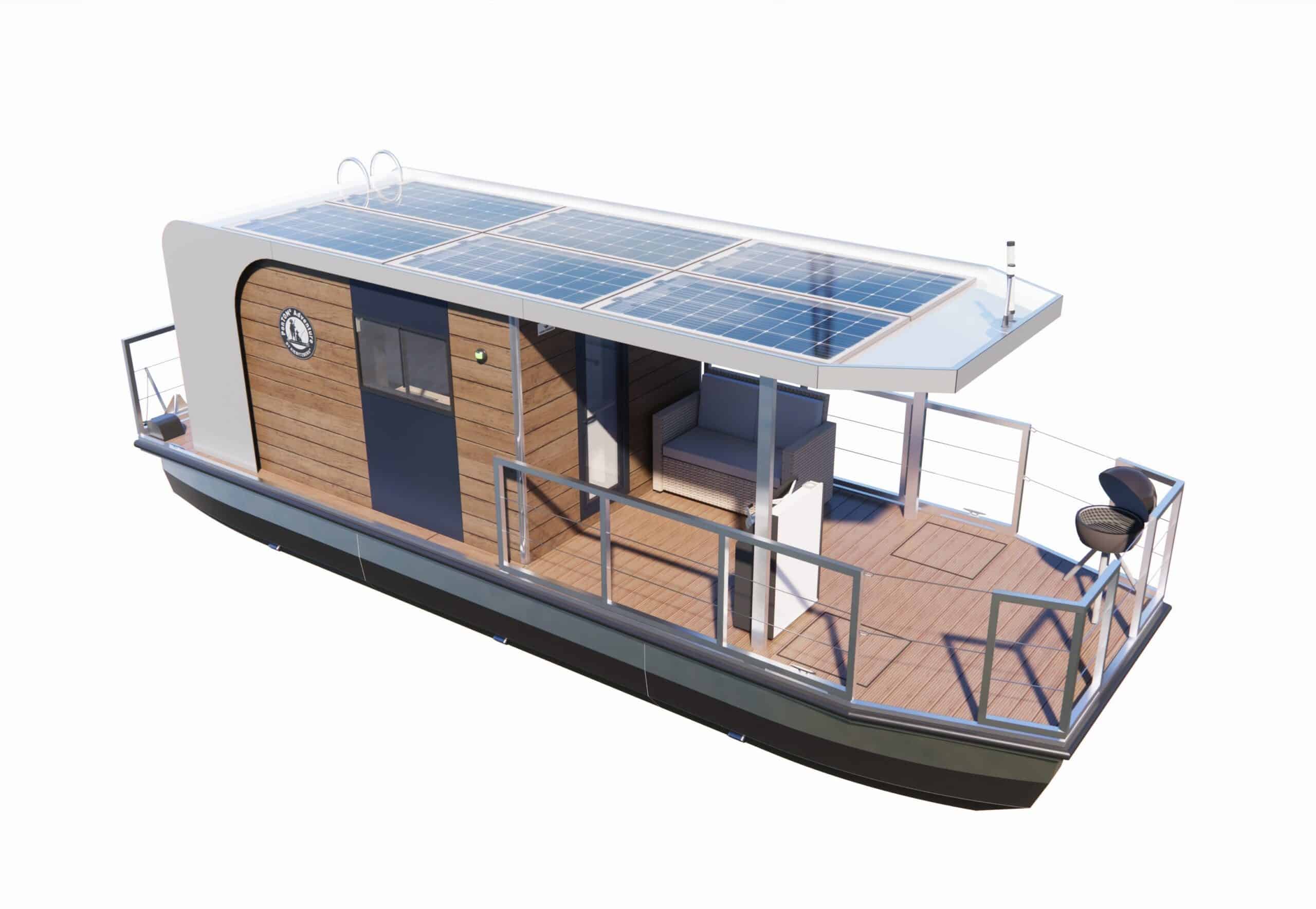 PonTOM® 9.0 Kajütboot Elektroboot mit großer Bugterrasse Steuerbordansicht