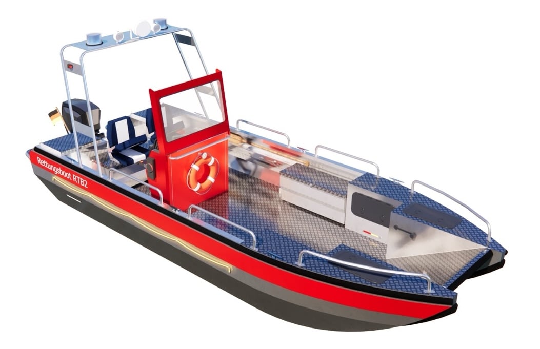 PonTOM® RTB2 Rettungsboot – Isometrische Ansicht mit Steuerstand und Bugklappe