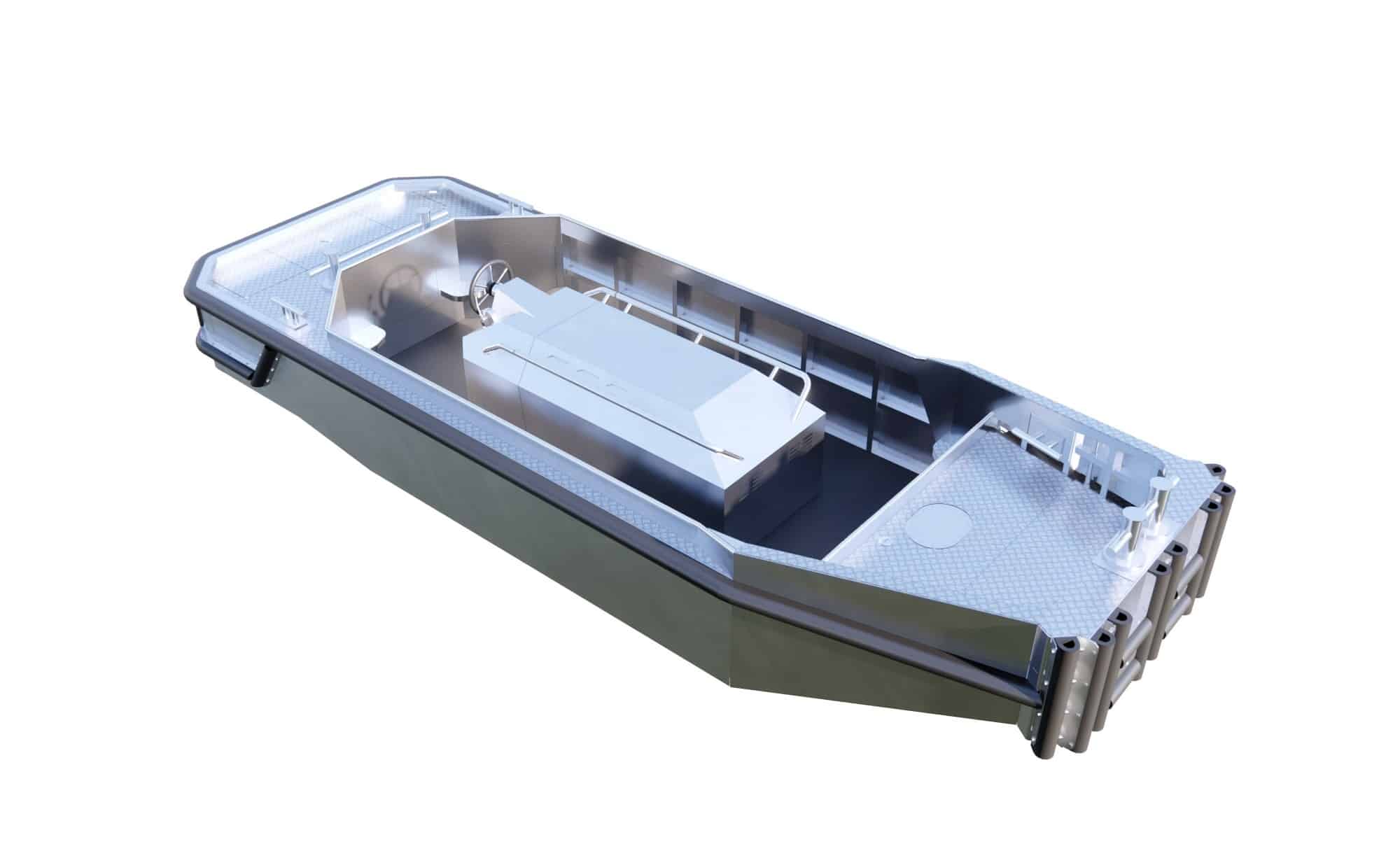 Kompaktes Aluminium-Schubboot PonTOM® ODIN 6.9 in Arbeitsdeck-Perspektive mit Schubschultern am Heck