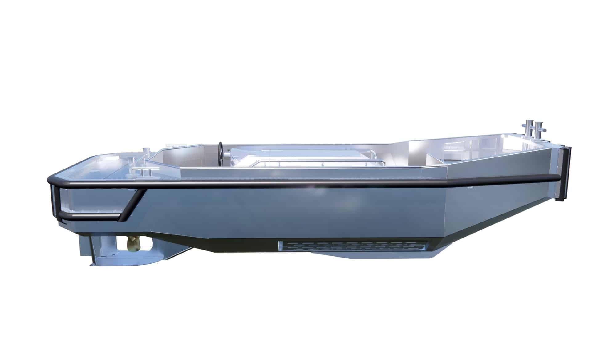 Seitenansicht Schubboot PonTOM® ODIN 6.9 mit HeavyDuty Fenderleisten und Doppelruderanlage