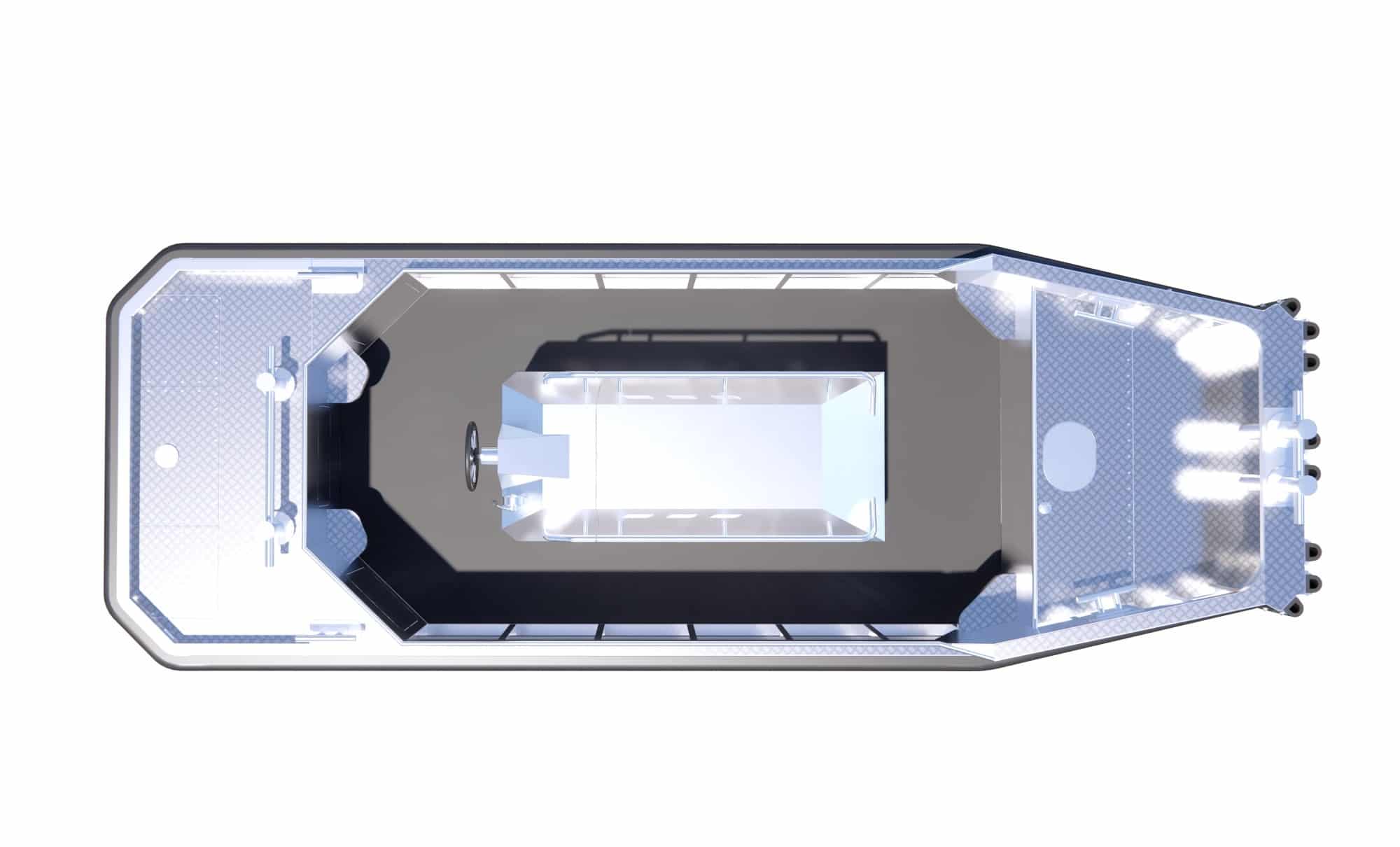 PonTOM Schubboot Typ ODIN – Draufsicht auf Arbeitsdeck mit Motorhaube, Doppelruderblatt und Fenderleiste