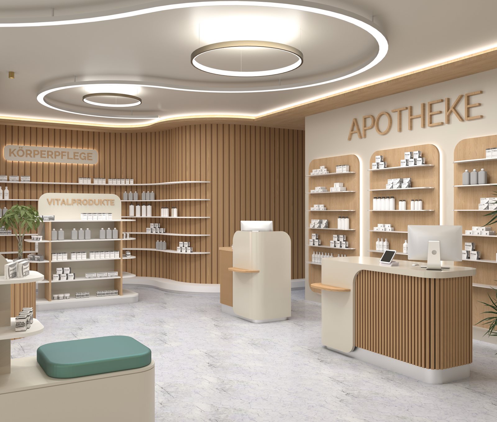 Entwurf einer von Kiebitzberg geplanten Apotheke: Freiwahl mit Körperpflege und Vitalprodukten, Kassentresen rechts