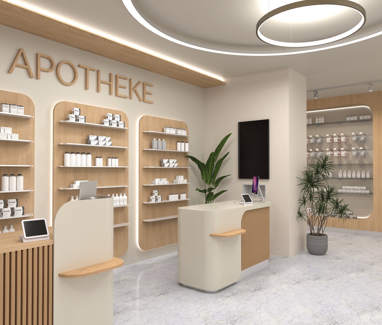 Entwurf einer von Kiebitzberg geplanten Apotheke: Sichtwahl in Eiche mit hinterleuchteten Nischen und zwei Handverkaufstischen